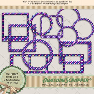 Clipart digital - Conjunto de molduras AWE Dotty # 2, vários tamanhos e formas, conjunto de 12 molduras, roxo com bolinhas de quatro cores, alta qualidade, PNGs