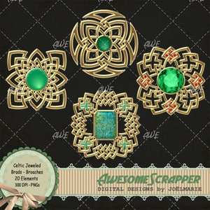 May include: Set of four gold Celtic knot designs featuring green and blue gemstones. The designs are intricate and detailed, and the gemstones sparkle. These designs are ideal for adding a touch of Celtic style to any project.