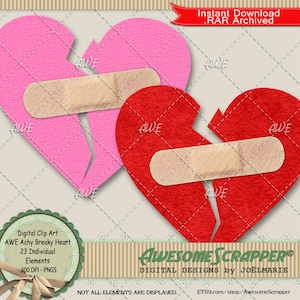 Puede incluir: Clip art digital con dos corazones rotos, uno rosa y otro rojo, cada uno con una tirita. La imagen incluye el texto "AWE Achy Breaky Heart" y "Awesome Scrapper". Disponible para descarga instantánea.