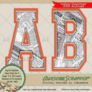 Puede incluir: Conjunto de alfabeto digital con las letras A y B en contorno naranja, rellenas de recortes de periódico. El diseño incluye el texto "Instant Download .RAR Archived" y "Awesome Scrapper Digital Designs".