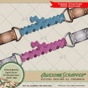 Clip art digital montado em Rickrack por AwesomeScrapper - PNGs de alta qualidade, 300 DPI, conjunto de 54, Rickrack, embrulhado, montado, hardware, suportes