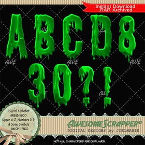 Green Goo Digital Alphabet by AwesomeScrapper - High Quality, 300 DPI PNGs, Lime Green, Goo, Spooky, Icky, Sticky, Upper Case, Numbers