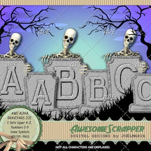 Graveyard Joe Digital Alphabet de AwesomeScrapper, 2 juegos de lápidas en mayúsculas, tema de Halloween, PNG de 300 DPI de alta calidad, esqueleto