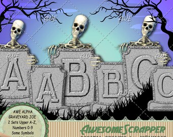 May include: A set of three tombstone-shaped alphabet letters, A, B, and C, with skeletons holding them up. The tombstones are gray and have a rough texture. The skeletons are white and have black eyes. The background is a dark blue and purple sky with trees. The text "AWE ALPHA GRAVEYARD JOE 2 Sets Upper A-Z, Numbers 0-9 Some Symbols 300 DPI - PNGS" is at the bottom left of the image. The text "AWESOME SCRAPPER DIGITAL DESIGNS by JOËLMARIE" is at the bottom center of the image. The text "NOT ALL CHARACTERS ARE DISPLAYED." is at the bottom right of the image.