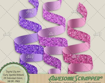 May include: A set of 24 digital clip art images of curly sparkle ribbons in various shades of pink and purple. The ribbons are 300 DPI and in PNG format.  The text "AWESOME SCRAPPER® DIGITAL DESIGNS by JOËLMARIE" is at the bottom of the image.