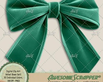 May include: A large, emerald green velvet bow with a detailed texture. The bow has long, flowing tails and a central knot. The image includes text that reads "Digital Clip Art Velvet Bows Set1" and "Instant Download .RAR Archived."