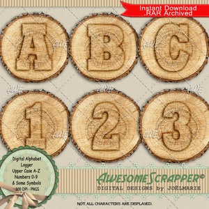 Logger Digital Alphabet door AwesomeScrapper - Hoge kwaliteit, 300 DPI PNG's. Bedrukte log end hoofdletters A-Z.  Houtnerf en schors.