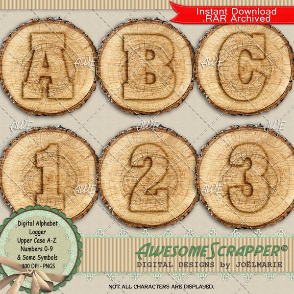 Logger Digital Alphabet by AwesomeScrapper - High Quality, 300 DPI PNGs. Imprinted log end Upper Case A-Z.  Wood grain and bark.