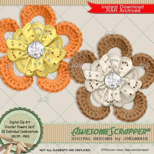 Conjunto de flores de crochê 2 Clip Art digital por AwesomeScrapper - Alta qualidade, PNGs de 300 DPI, conjunto de 65, crochê, tricô, flor, fio, buquê