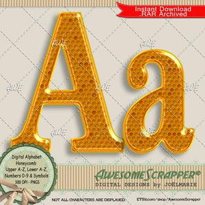 May include: A digital alphabet font in a honeycomb design. The letters A and a are shown in gold with a yellow honeycomb texture. The font is available for download as a .rar file.