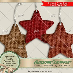 Estrelas ou tags de serapilheira - Clip Art digital por AwesomeScrapper - alta qualidade, PNGs de 300 DPI, 31 estrelas PNGs, textura de serapilheira, várias cores