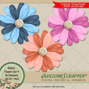 Conjunto de flores de fita 4 clipart digital por AwesomeScrapper - PNGs de alta qualidade, 300 DPI, conjunto de 36 botões em várias cores.