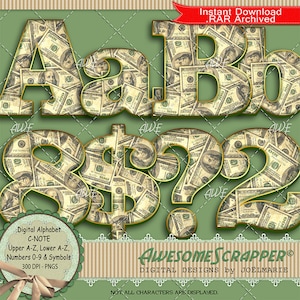 Alfabeto digitale C-Note di AwesomeScrapper - Alta qualità, PNG 300 DPI, Denaro, Carta, Banconote da 100 dollari, Contanti. Valuta, Tenera, Verde