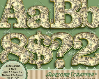 C-Note Digital Alphabet by AwesomeScrapper - High Quality, 300 DPI PNGs, Money, Paper, 100 Dollar Bills, Cash. Currency, Tender, Green