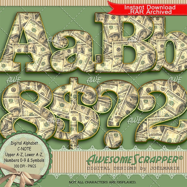 C-Note Digital Alphabet by AwesomeScrapper - High Quality, 300 DPI PNGs, Money, Paper, 100 Dollar Bills, Cash. Currency, Tender, Green