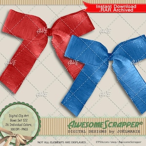 Conjunto de laços 122 Clip Art digital por AwesomeScrapper - Alta qualidade, PNGs de 300 DPI, conjunto de 26, laços texturizados, várias cores, fitas, dois laços