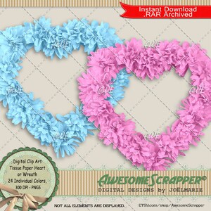 Clip art digital de coração de papel de seda por AwesomeScrapper - alta qualidade, 300 DPI PNGs, conjunto de 24, guirlanda, várias cores, amor, romance