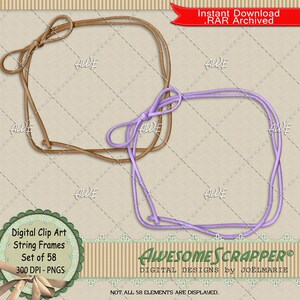 May include: Set of 58 digital clip art string frames in brown and purple.  The frames are tied in a knot at the top and are 300 DPI PNGs.