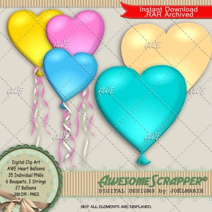 Heart Balloons Digital Clip Art par AwesomeScrapper - Haute qualité, PNG 300 DPI, Ensemble de 35 éléments, Couleurs, Bouquets, Saint-Valentin. Amour