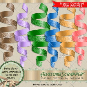 Clipart digital Curly Glitter Ribbon da AwesomeScrapper - Conjunto de 28, alta qualidade, 300 DPI PNGs, brilhantes, enrolados, cores sortidas