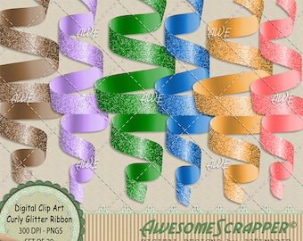 Puede incluir: Colección de imágenes prediseñadas digitales con cintas rizadas con purpurina en varios colores, incluyendo marrón, morado, verde, azul, dorado y rosa. Cada cinta tiene una textura brillante y está diseñada para uso digital. Incluye el texto "Digital Clip Art Curly Glitter Ribbon".