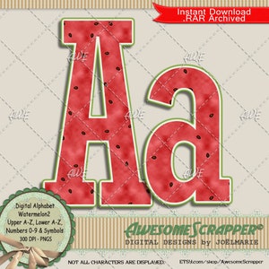 Watermelon2 Digitales Alphabet von SuperScrapper, hohe Qualität 300 DPI PNGs, Obst, Melone, Sommer, Garten, Rot, Grün, Scrapbooking