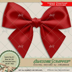 May include: A large, vibrant red bow with a satin finish. The bow is centered and has a symmetrical design. The image includes text that reads "Instant Download .RAR Archived" and "Digital Clip Art Bows Set 144".