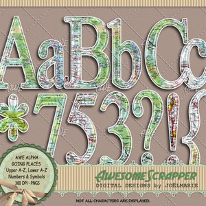Going Places Digitales Alphabet von AwesomeScrapper, Großbuchstaben, Kleinbuchstaben, Zahlen, Symbole, Map Theme, Hochwertig, 300 DPI PNGs