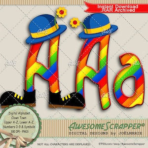 Clown Town Digital Alphabet by AwesomeScrapper - High Quality, 300 DPI PNGs, Rainbow Diagonal Stripes, Clown Hats, Clown Shoes, Cartoony