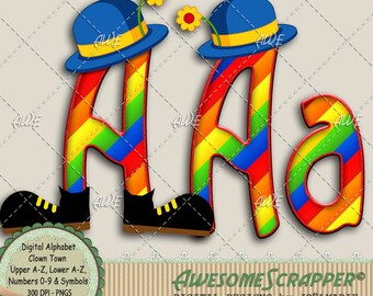 Clown Town Digital Alphabet by AwesomeScrapper - High Quality, 300 DPI PNGs, Rainbow Diagonal Stripes, Clown Hats, Clown Shoes, Cartoony