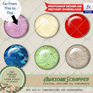 May include: Six round, textured, layered Photoshop styles in various colors, including pink, yellow, blue, green, gray, and red. The text "Go From This to This" is at the top of the image with an arrow pointing down to the pink style. The text "AWESOME SCRAPPER DIGITAL DESIGNS by JOËLMARIE" is at the bottom of the image. The text "NOT ALL 67 COMBINATIONS ARE REPRESENTED" is below the text "AWESOME SCRAPPER DIGITAL DESIGNS by JOËLMARIE".
