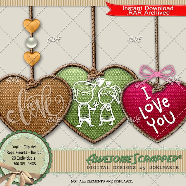 Rope Hearts- Burlap Digital Clip Art by AwesomeScrapper - High Quality, 300 DPI PNGs, Set of 20, Elements, Hearts, Valentine, Burlap Designs