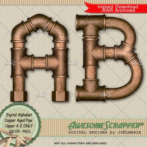 Alfabeto digital de tubo de cobre envelhecido por AwesomeScrapper - Alta qualidade, PNGs de 300 DPI, somente letras maiúsculas, A-Z, tubo ajustado. Cobre