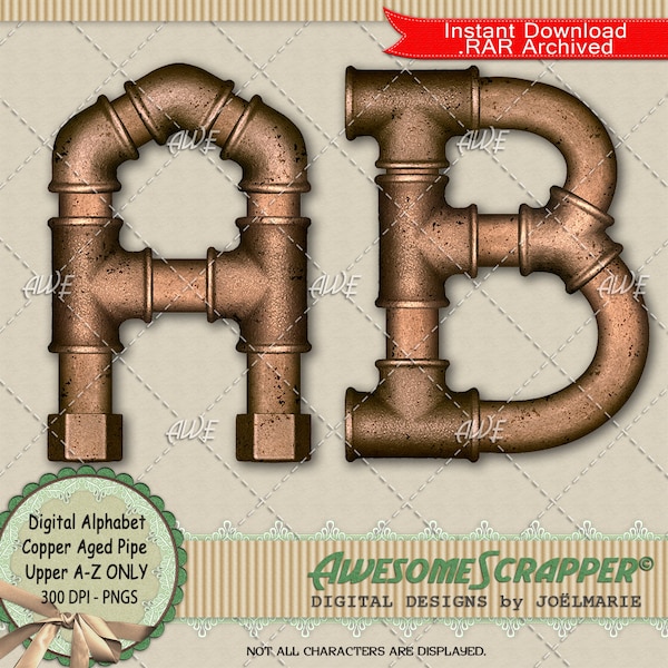 Aged Copper Pipe Digital Alphabet by AwesomeScrapper - High Quality, 300 DPI PNGs, Upper Case Only, A-Z, Fitted Pipe.  Copper