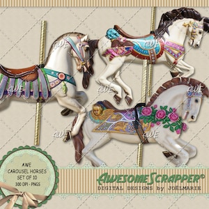 Clipart digital de cavalos de carrossel por AwesomeScrapper - conjunto de 10 PNGs individuais de alta qualidade, 300 DPI, em um fundo transparente.