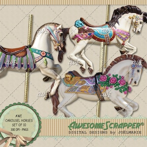 Carousel Horses Digital Clipart by AwesomeScrapper -  Set of 10 Individual High Quality, 300 DPI PNGs, On A Transparent Background.