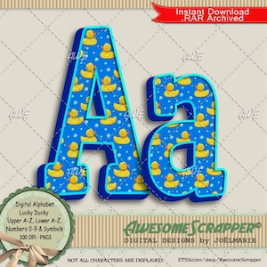 May include: Digital alphabet letters "Aa" with a blue background and yellow rubber ducky pattern. The letters have a blue outline and a 3D effect. The image includes the text "Digital Alphabet Lucky Ducky" and "Awesome Scrapper".