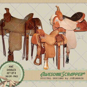 Riding Saddles Digital Clip Art par AwesomeScrapper - 8 PNG 300 DPI de haute qualité sur un fond transparent.  Western, Country, Cowboy