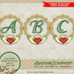 Claddagh decoratieve caps digitaal alfabet van AwesomeScrapper - tekens A-Z, hoge kwaliteit 300 DPI PNGs