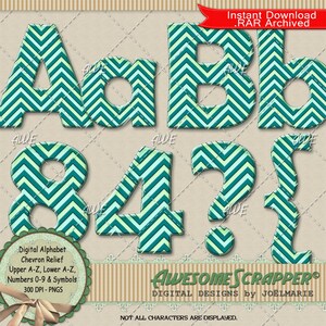 Chevron Relief Digital Alphabet de AwesomeScrapper - Alta calidad, 300 DPI PNG, tonos de verde Chevron Patrón ligeramente en relieve Aspecto ligeramente en relieve.