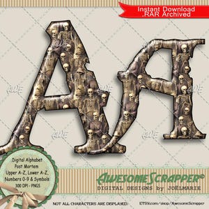 May include: Digital alphabet letters 'AA' filled with skeleton illustrations. The letters are part of a 'Post Mortem' digital alphabet set, including upper and lower case letters, numbers, and symbols. The image also includes the text 'Instant Download .RAR Archived'.