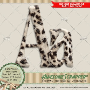 Schnee Leopard Digitales Alphabet von SuperScrapper, hohe Qualität 300 DPI PNGs, Tier, Fell, Zoo, Gefleckt, Katze, Natur, Wild
