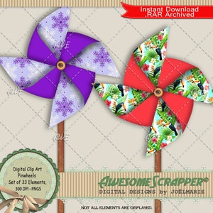 Pinwheels Digital Clip Art por AwesomeScrapper - Alta qualidade, 300 DPI PNGs., Conjunto de 34 PNGs., Vários padrões, várias cores, Cataventos
