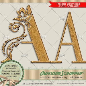 Alphabet numérique brillant doré par AwesomeScrapper - Haute qualité, 300 DPI PNGs, fantaisie, texture dorée, froufrous, fleuri