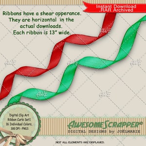 Ribbon Curls Set 1 Digital Clip Art by AwesomeScrapper - High Quality, 300 DPI PNGs, Set of 16, Horizontal, Curly Ribbon, Shear, Fabric