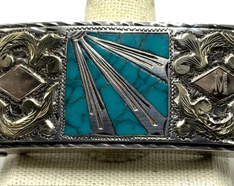 JFCM Plata De Jalisco Sterling Silver and 18K and Turquoise Inlay Belt Buckle