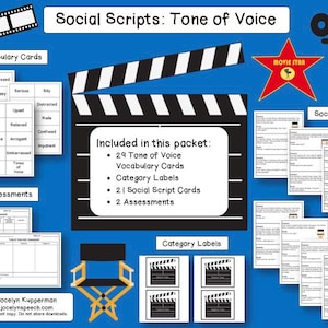 Op de afbeelding: Blauwe educatieve afbeelding met de tekst "Social Scripts: Tone of Voice". Bevat vocabulairekaarten, categorie labels, sociale scriptkaarten en beoordelingen. Met een filmklapper, een regisseursstoel en een filmster-afbeelding.