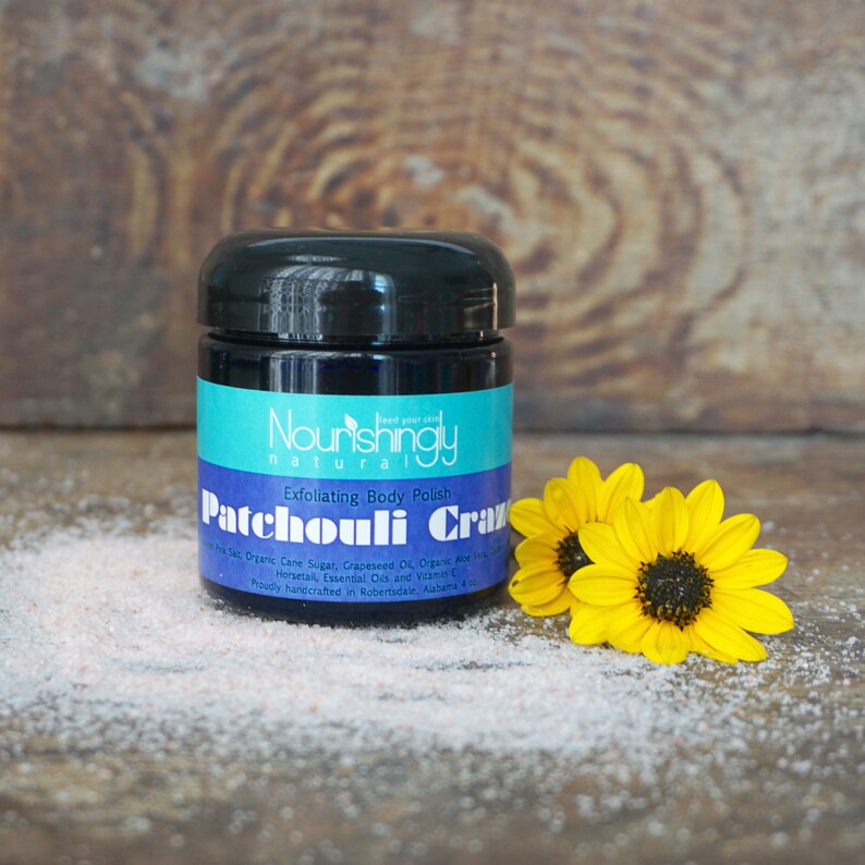 Body Scrub, Body Polish, Patchouli Salt Scrub, Patchouli Body Scrub, Exfoliating Body Polish, Hippie Gift Idea, Essential Oil Scrub, 4 oz image 1