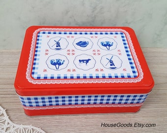 Dutch Vintage Blue and White Red Cookie Tin Box Kitchen Decor