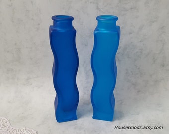 Vintage Set of 2 Blue Glass Square Vases Home Decor